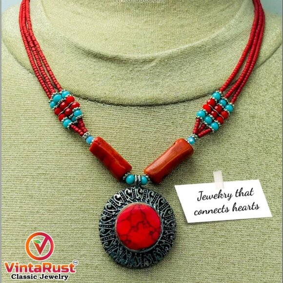 Beaded Multilayers Chain Necklace With Pendant, Ethnic Statement Necklaces - Picture 7 of 10